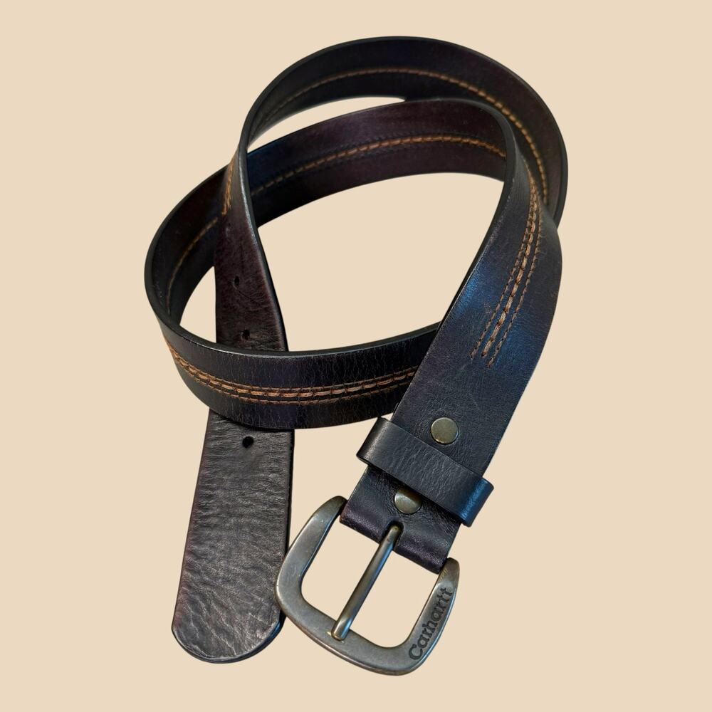 Carhartt Mens 42 Black Cowhide Leather Belt Heavy Duty Engraved Logo Buckle A245